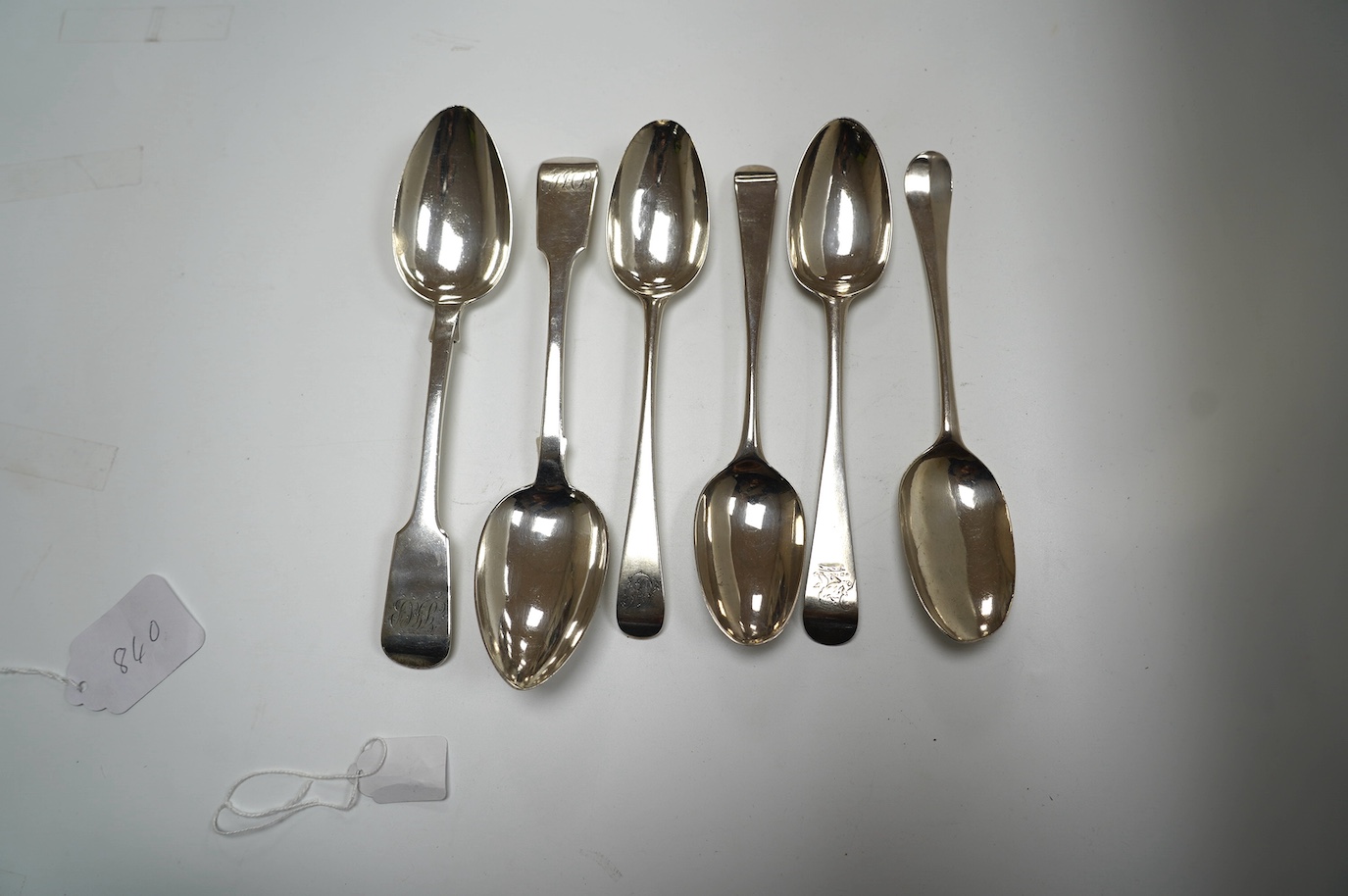 Six assorted 18th/19th century silver tablespoons, including pair of fiddle pattern by Jonathan Hayne, London, 1830 and Irish Old English pattern, Cristopher Skinner, Dublin, 1759, 13.1oz. Condition - fair